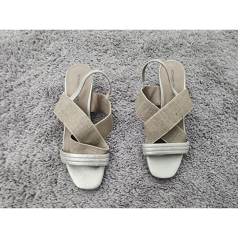 Donald Pliner Sandals Women's 7.5M Silver Beige Elastic Slingback Block Heel